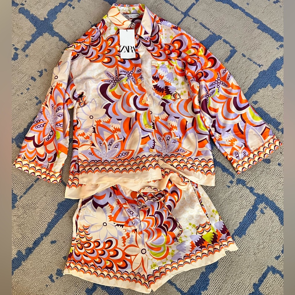 ZARA NEW SET PRINTED POCKET SHIRT AND SHORT XS